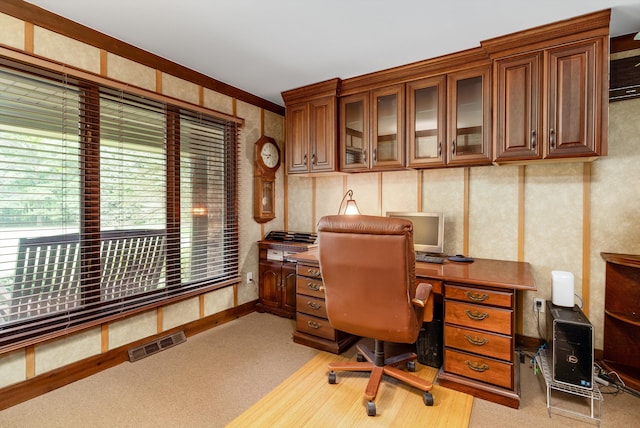 view of carpeted home office