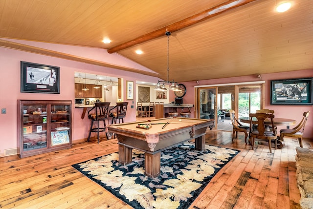 rec room featuring vaulted ceiling with beams, wood ceiling, pool table, light hardwood / wood-style flooring, and indoor bar