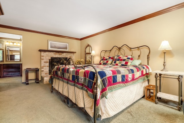 bedroom featuring crown molding, carpet floors, and a brick fireplace