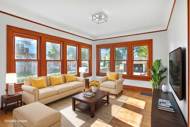 living room featuring crown molding and light hardwood / wood-style floors