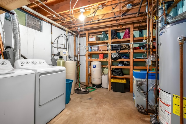 laundry room with water heater and washing machine and dryer