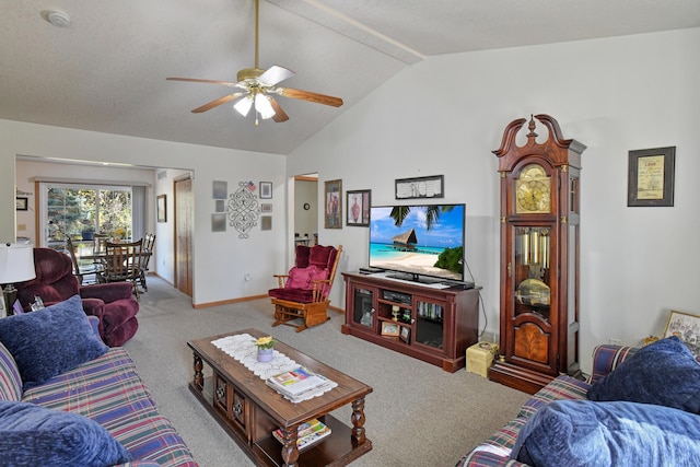 living room featuring ceiling fan, light colored carpet, and vaulted ceiling