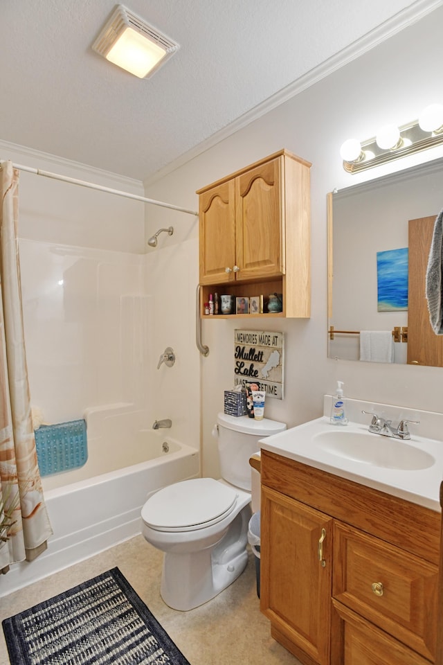 full bathroom with shower / bathtub combination with curtain, crown molding, a textured ceiling, toilet, and vanity