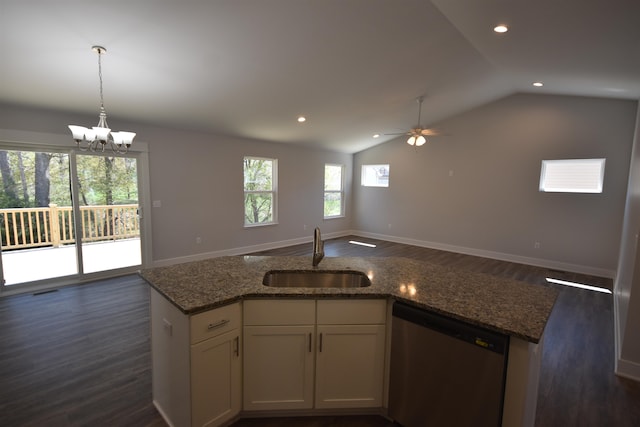 kitchen featuring white cabinets, ceiling fan with notable chandelier, sink, vaulted ceiling, and stainless steel dishwasher