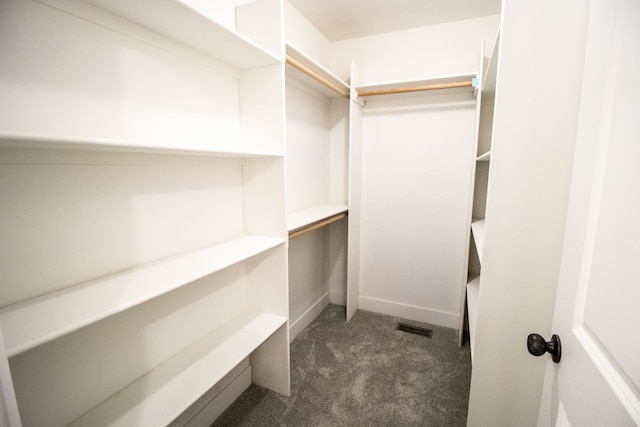 walk in closet featuring dark colored carpet