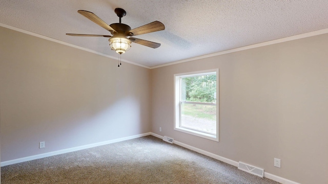 carpeted spare room featuring ceiling fan, a textured ceiling, and ornamental molding