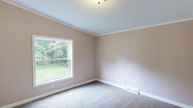 unfurnished room featuring a textured ceiling, carpet floors, lofted ceiling, and ornamental molding