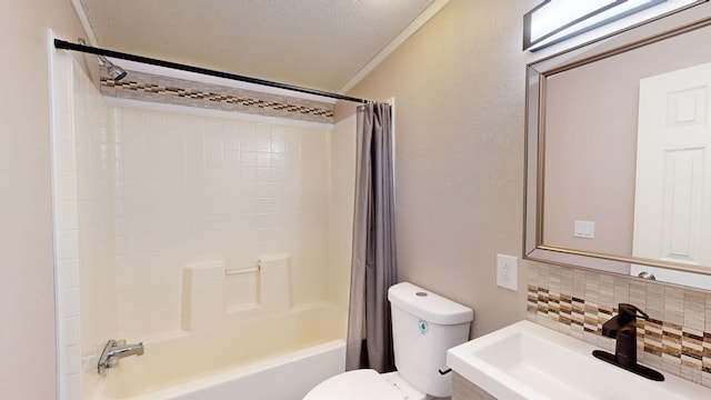 full bathroom with decorative backsplash, shower / bath combination with curtain, a textured ceiling, crown molding, and sink