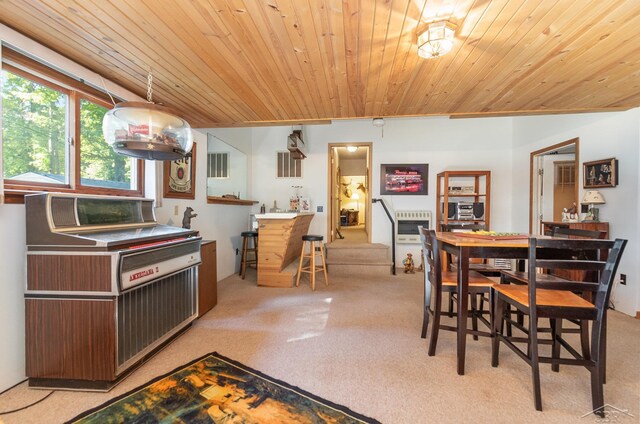 6610 E Arnold Lake Rd, Harrison, MI 48625 - carpeted dining space with wood ceiling, bar area, and heating unit