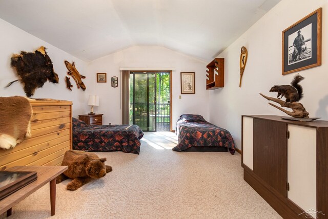 6610 E Arnold Lake Rd, Harrison, MI 48625 - bedroom featuring access to outside, lofted ceiling, and carpet