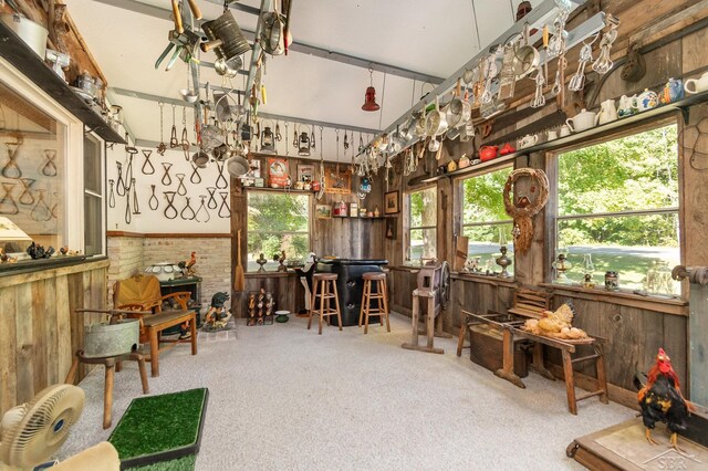 6610 E Arnold Lake Rd, Harrison, MI 48625 - sitting room featuring carpet floors, wood walls, and a wainscoted wall