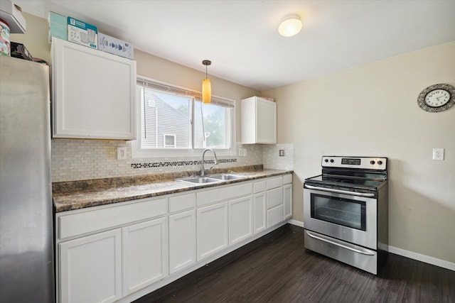 kitchen with dark hardwood / wood-style flooring, sink, white cabinetry, and stainless steel appliances