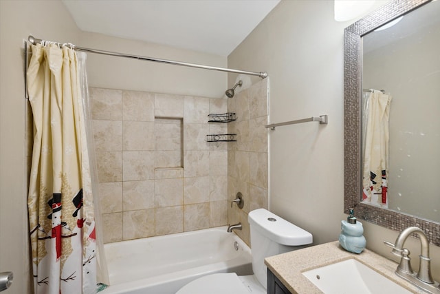 full bathroom featuring vanity, toilet, and shower / bathtub combination with curtain