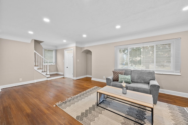 living room with crown molding and wood-type flooring