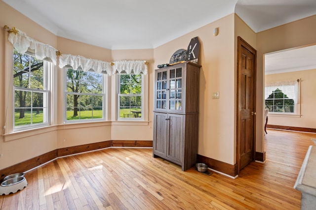 unfurnished dining area featuring a wealth of natural light and light hardwood / wood-style flooring