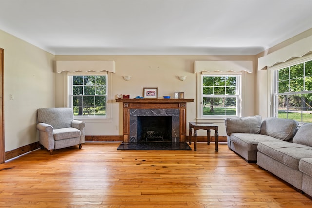 living room featuring light wood-type flooring, plenty of natural light, and a premium fireplace