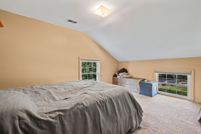 carpeted bedroom featuring vaulted ceiling and multiple windows