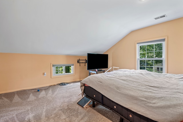 carpeted bedroom featuring vaulted ceiling and multiple windows