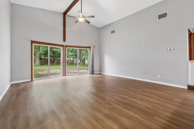 unfurnished living room featuring ceiling fan, beam ceiling, dark hardwood / wood-style flooring, and high vaulted ceiling
