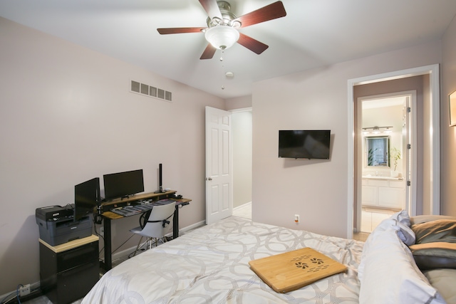 bedroom with connected bathroom and ceiling fan