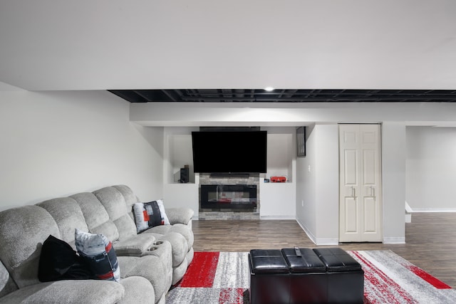 living room featuring a fireplace and wood-type flooring