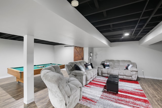 living room featuring wood-type flooring and pool table