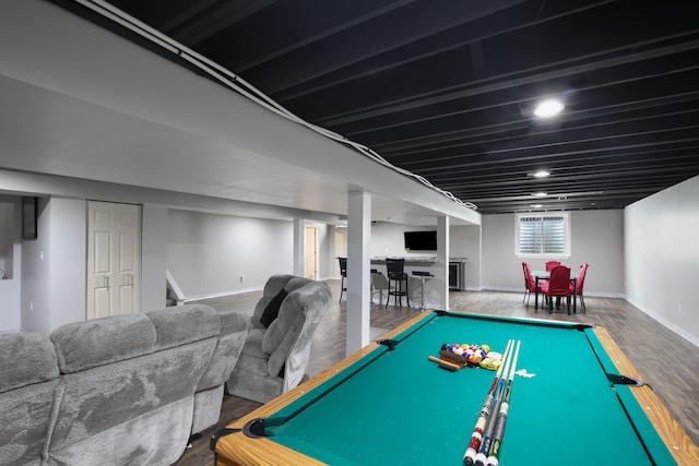 recreation room with wood-type flooring and pool table