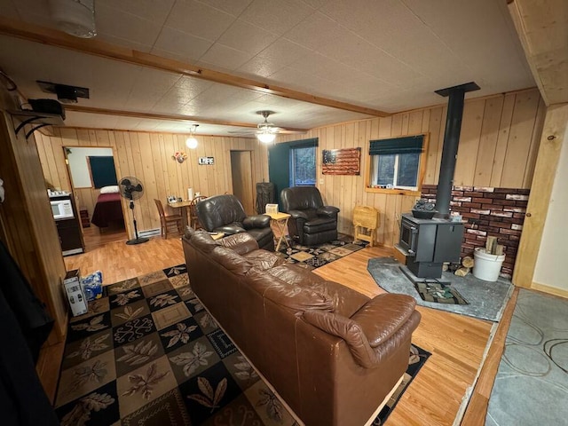 living room featuring a wood stove, wooden walls, and light wood-type flooring