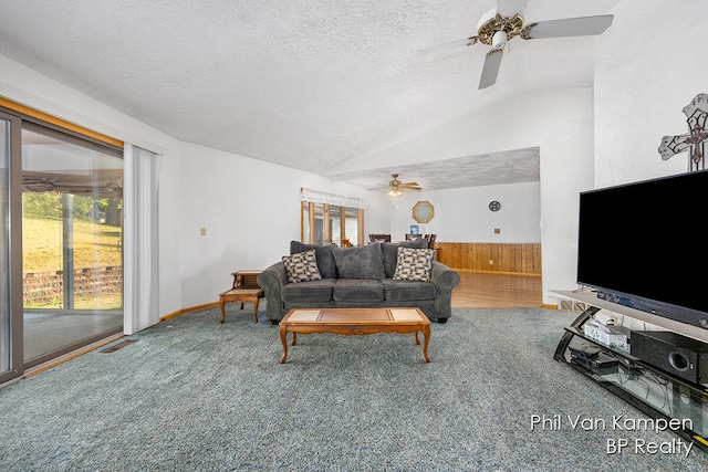 carpeted living room with a textured ceiling and vaulted ceiling