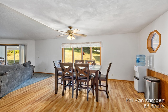 dining room with ceiling fan, light hardwood / wood-style floors, and a textured ceiling