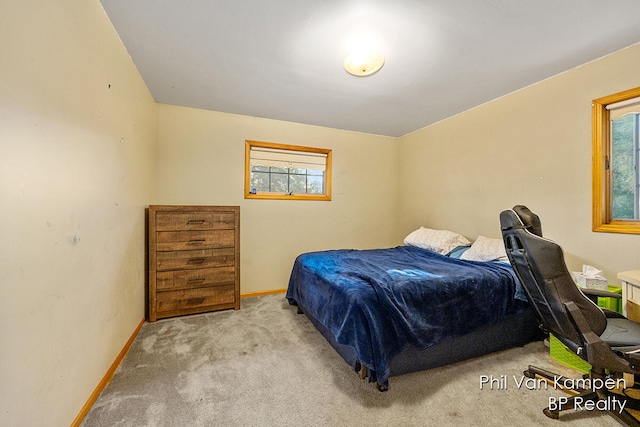 bedroom featuring light colored carpet