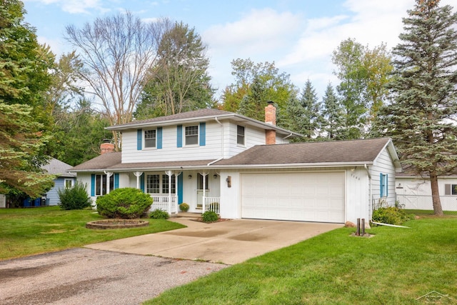 view of front of home featuring a porch, a garage, and a front lawn