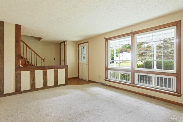 interior space featuring carpet flooring, plenty of natural light, and a textured ceiling