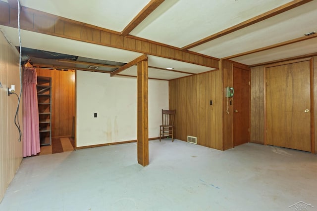 basement with wood walls