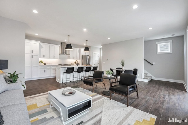 living room with dark wood-type flooring