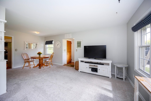 living room featuring light colored carpet