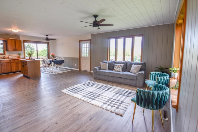 11768 Riker Rd, Litchfield, MI 49252 - living room featuring wood finished floors, a ceiling fan, and wooden walls
