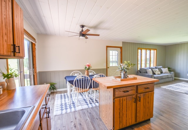 11768 Riker Rd, Litchfield, MI 49252 - kitchen featuring butcher block countertops, wood ceiling, light wood-style flooring, a ceiling fan, and a center island