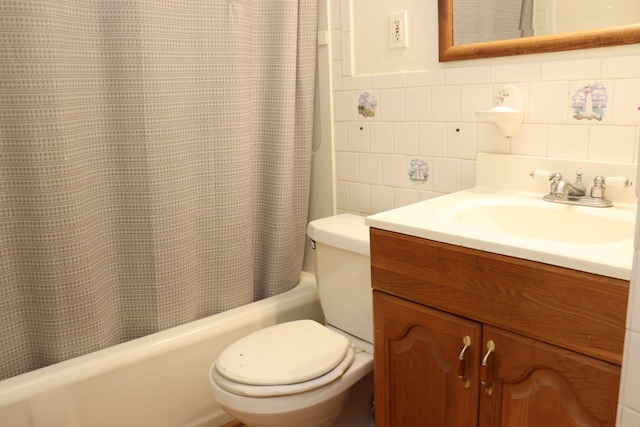 bathroom with backsplash, tile walls, toilet, and vanity