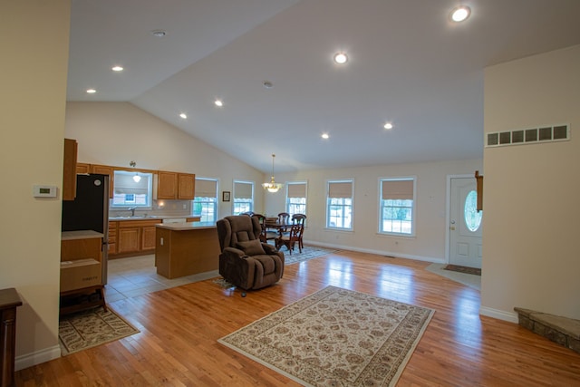 living room with light wood-type flooring, high vaulted ceiling, a wealth of natural light, and sink