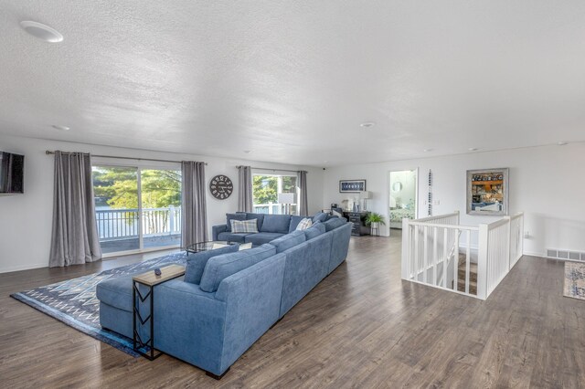 living room featuring dark hardwood / wood-style flooring and a textured ceiling