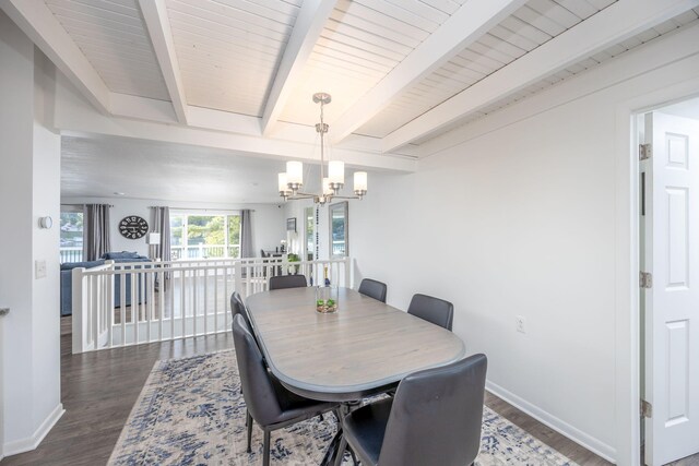 dining area featuring beamed ceiling, wooden ceiling, dark wood-type flooring, and an inviting chandelier