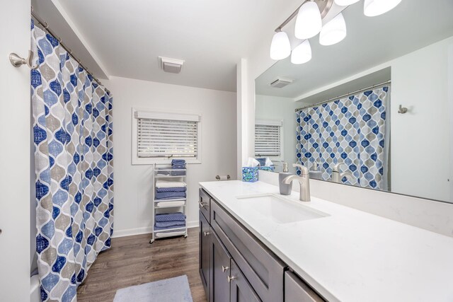 bathroom with hardwood / wood-style floors and vanity