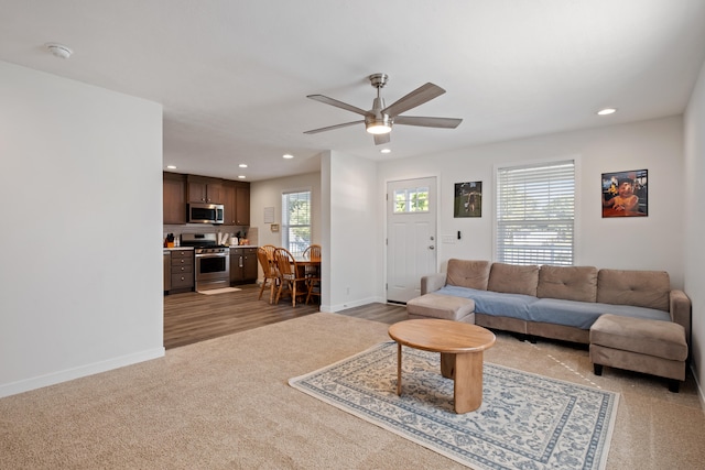 living room featuring ceiling fan and wood-type flooring