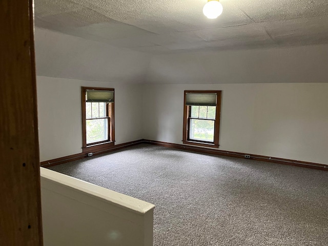 unfurnished room with carpet flooring, a textured ceiling, a wealth of natural light, and lofted ceiling