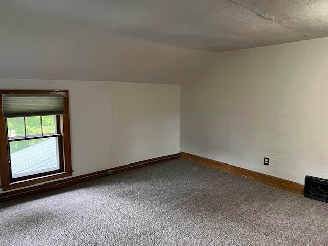 carpeted empty room featuring a textured ceiling and lofted ceiling