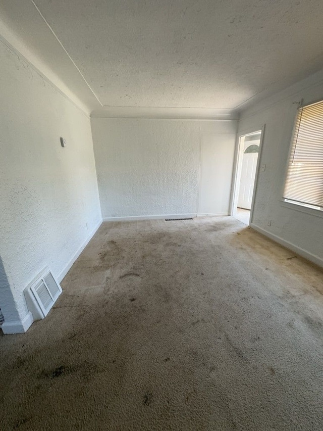 spare room featuring a textured ceiling and light colored carpet