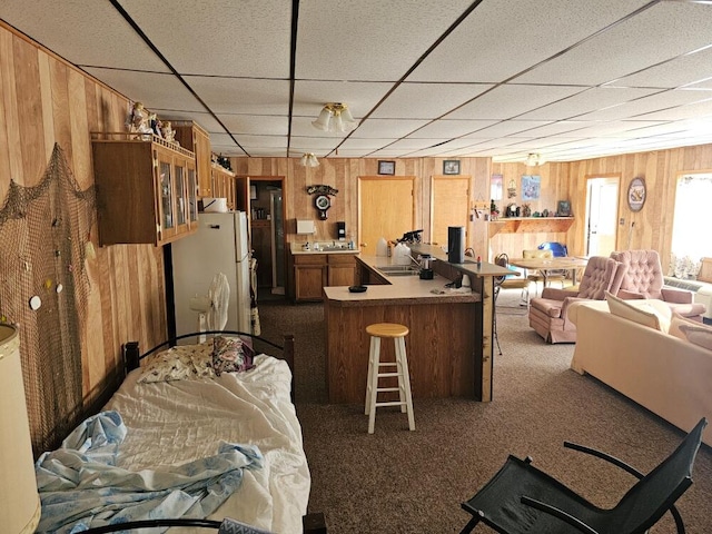 interior space featuring sink, a paneled ceiling, and wood walls