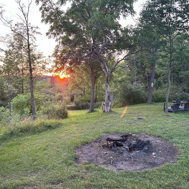 view of yard featuring an outdoor fire pit