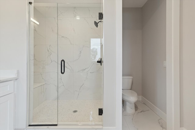 full bathroom with a marble finish shower, baseboards, toilet, and marble finish floor